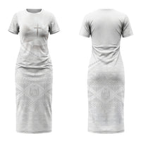 Tonga White Sunday Fakame Couples Matching Short Sleeve Bodycon Dress and Long Sleeve Button Shirt Tokelaufeletoa Kupesi LT7 - Polynesian Pride