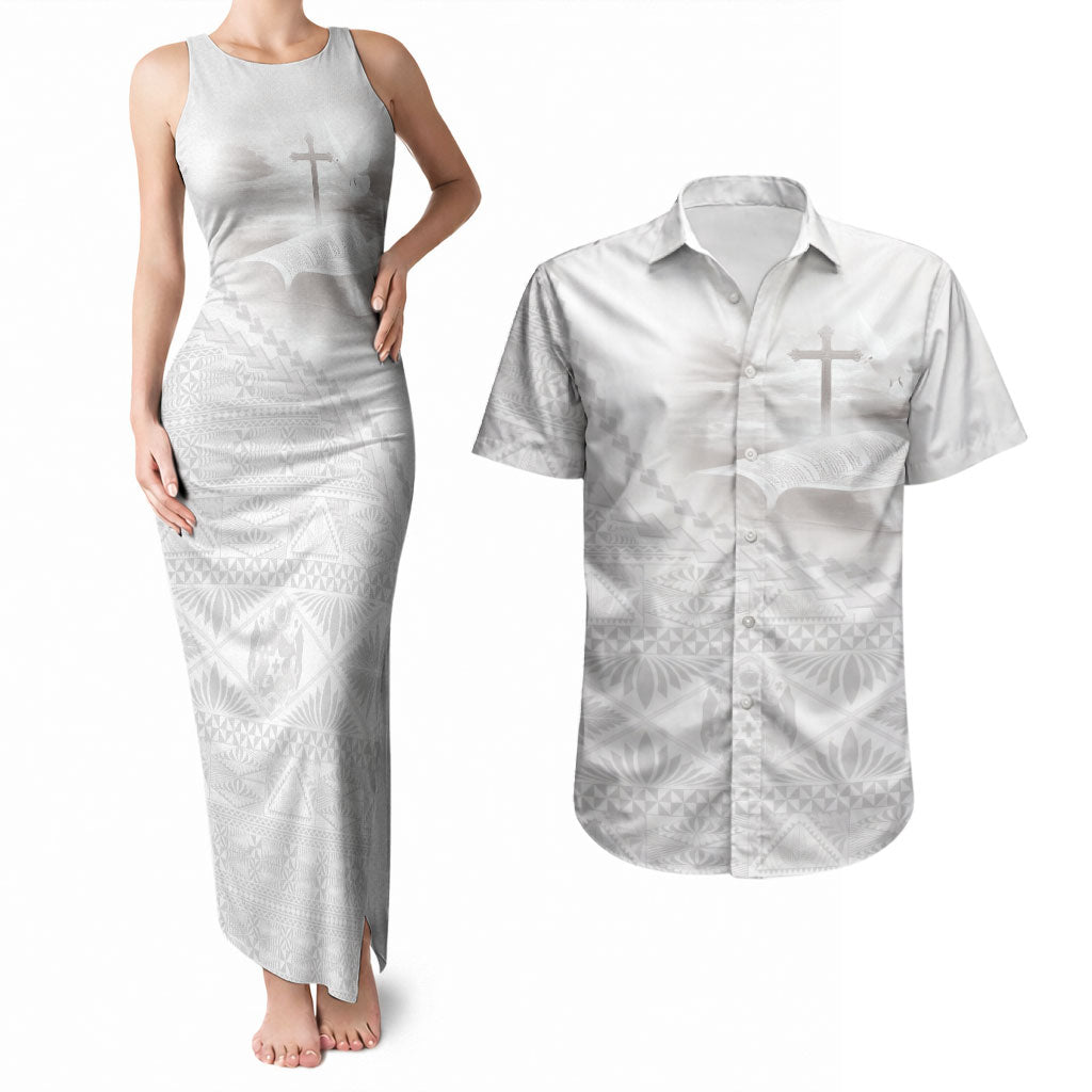 Tonga White Sunday Fakame Couples Matching Tank Maxi Dress and Hawaiian Shirt Tokelaufeletoa Kupesi LT7 White - Polynesian Pride