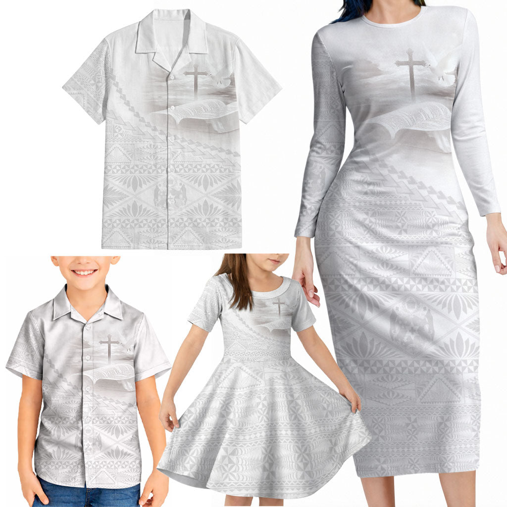 Tonga White Sunday Fakame Family Matching Long Sleeve Bodycon Dress and Hawaiian Shirt Tokelaufeletoa Kupesi LT7 - Polynesian Pride