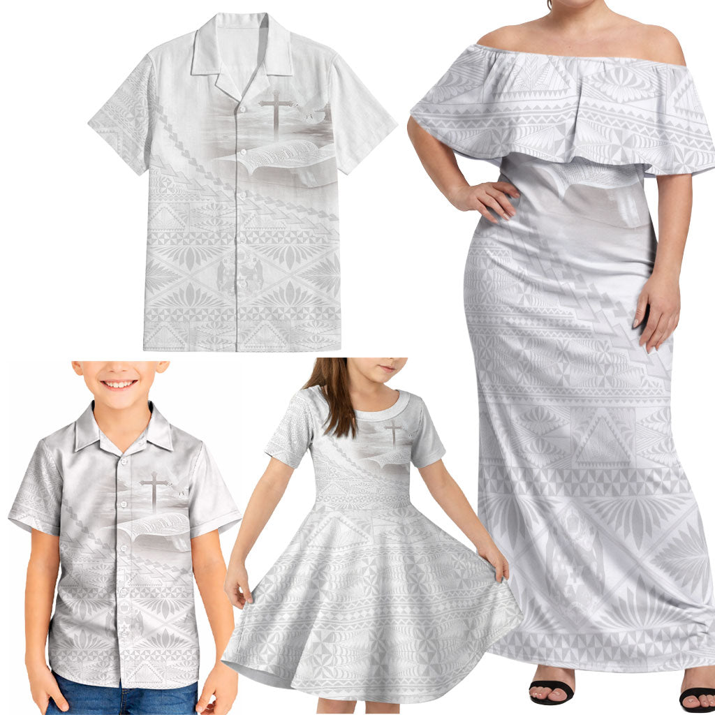 Tonga White Sunday Fakame Family Matching Off Shoulder Maxi Dress and Hawaiian Shirt Tokelaufeletoa Kupesi LT7 - Polynesian Pride