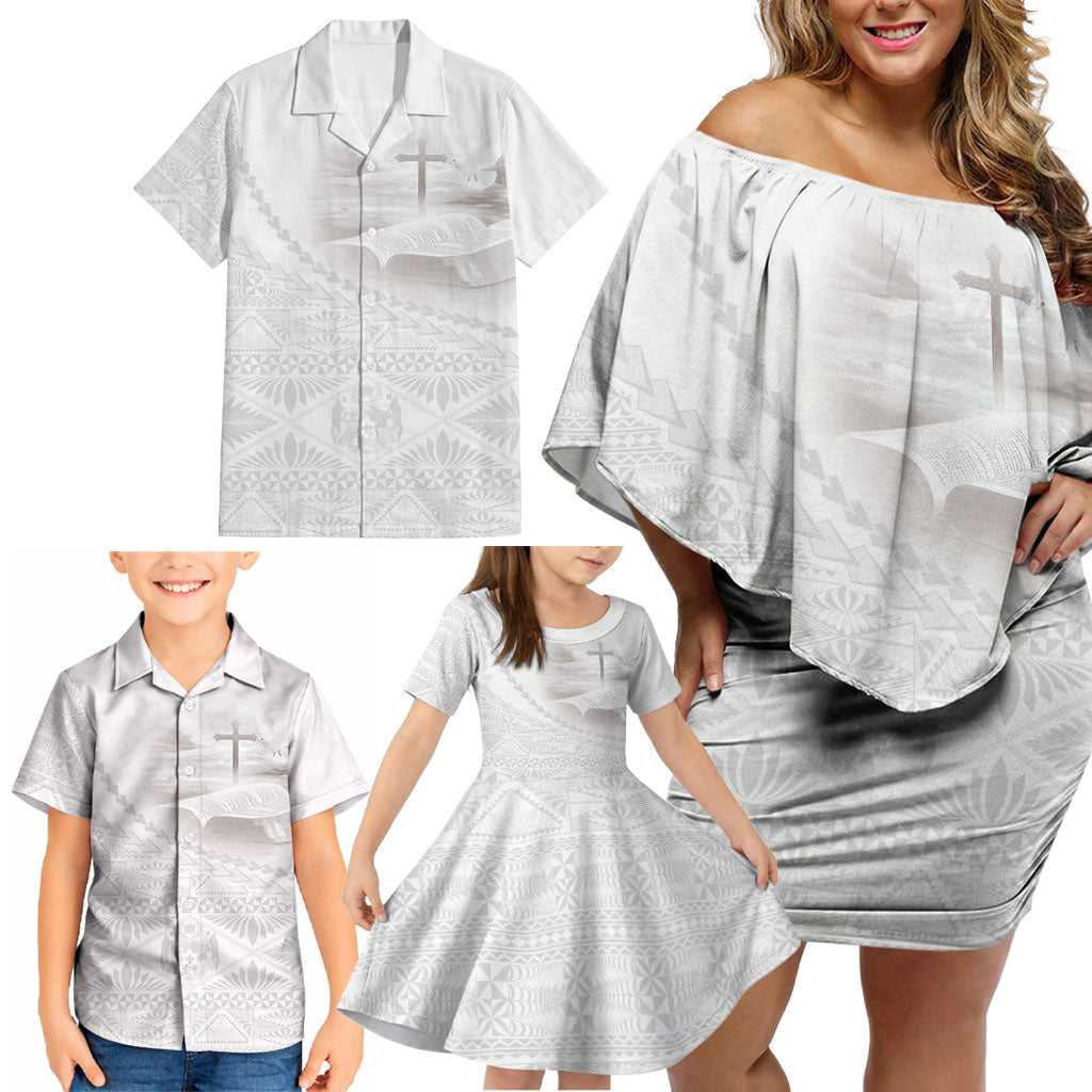 Tonga White Sunday Fakame Family Matching Off Shoulder Short Dress and Hawaiian Shirt Tokelaufeletoa Kupesi LT7 - Polynesian Pride