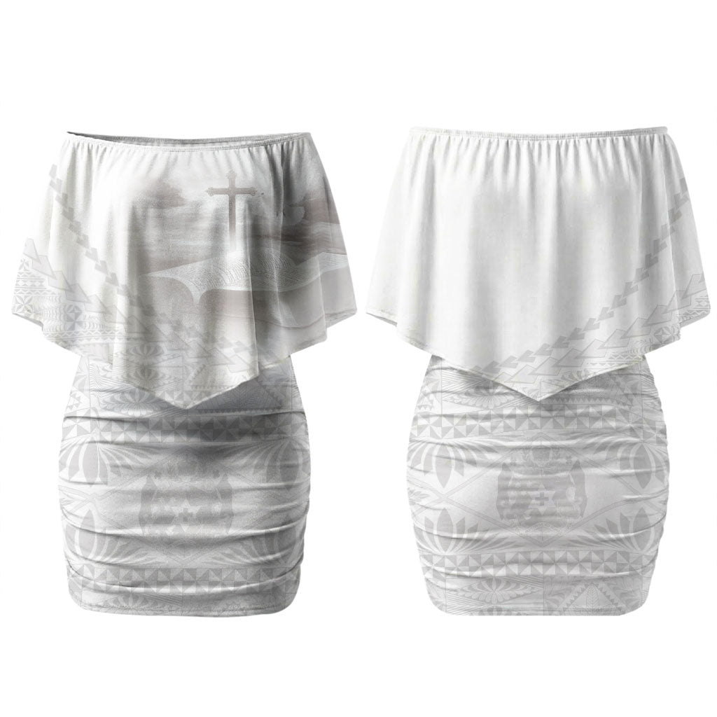 Tonga White Sunday Fakame Family Matching Off Shoulder Short Dress and Hawaiian Shirt Tokelaufeletoa Kupesi LT7 Mom's Dress White - Polynesian Pride