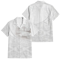 Tonga White Sunday Fakame Family Matching Off Shoulder Short Dress and Hawaiian Shirt Tokelaufeletoa Kupesi LT7 Dad's Shirt - Short Sleeve White - Polynesian Pride