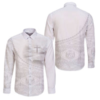 Tonga White Sunday Fakame Family Matching Off Shoulder Short Dress and Hawaiian Shirt Tokelaufeletoa Kupesi LT7 Dad's Shirt - Long Sleeve White - Polynesian Pride