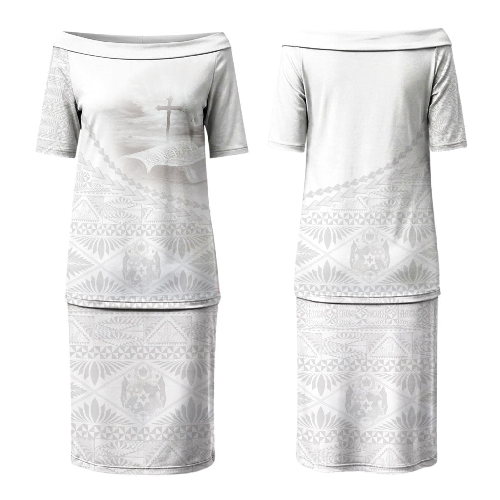 Tonga White Sunday Fakame Family Matching Puletasi and Hawaiian Shirt Tokelaufeletoa Kupesi LT7 Mom's Dress White - Polynesian Pride