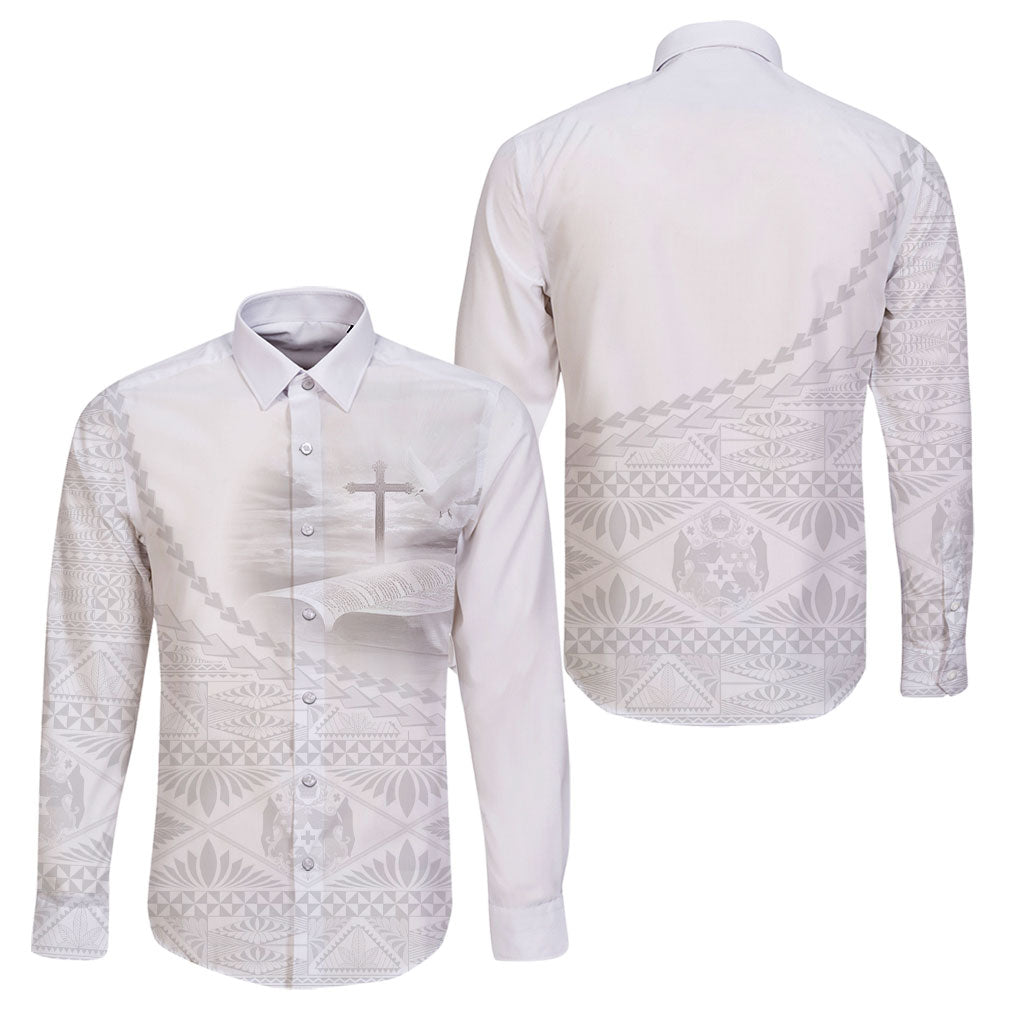 Tonga White Sunday Fakame Family Matching Summer Maxi Dress and Hawaiian Shirt Tokelaufeletoa Kupesi LT7 Dad's Shirt - Long Sleeve White - Polynesian Pride
