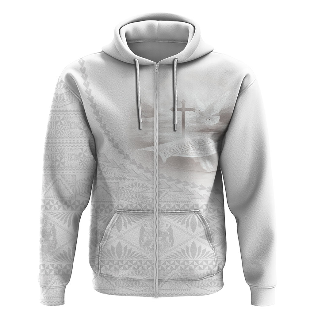Tonga White Sunday Fakame Hoodie Tokelaufeletoa Kupesi LT7 Zip Hoodie White - Polynesian Pride