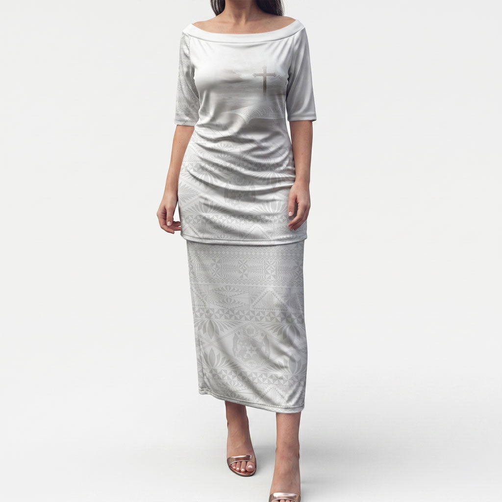 Tonga White Sunday Fakame Puletasi Tokelaufeletoa Kupesi LT7 Long Dress White - Polynesian Pride