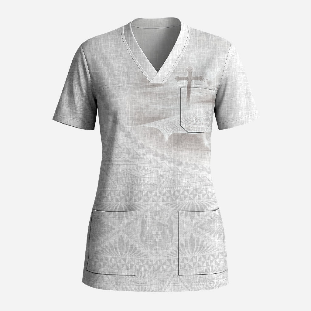 Tonga White Sunday Fakame Scrub Top Tokelaufeletoa Kupesi LT7 Adult White - Polynesian Pride
