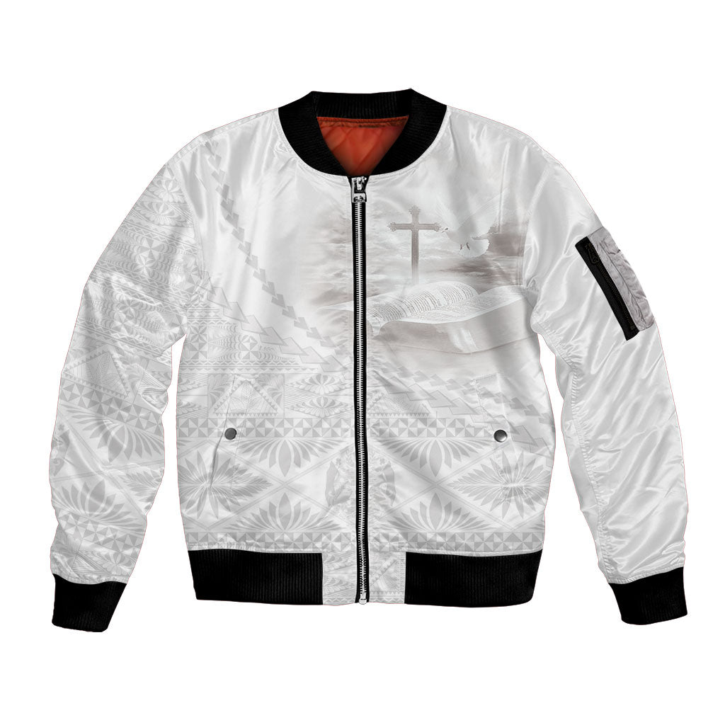 Tonga White Sunday Fakame Sleeve Zip Bomber Jacket Tokelaufeletoa Kupesi LT7 Unisex White - Polynesian Pride