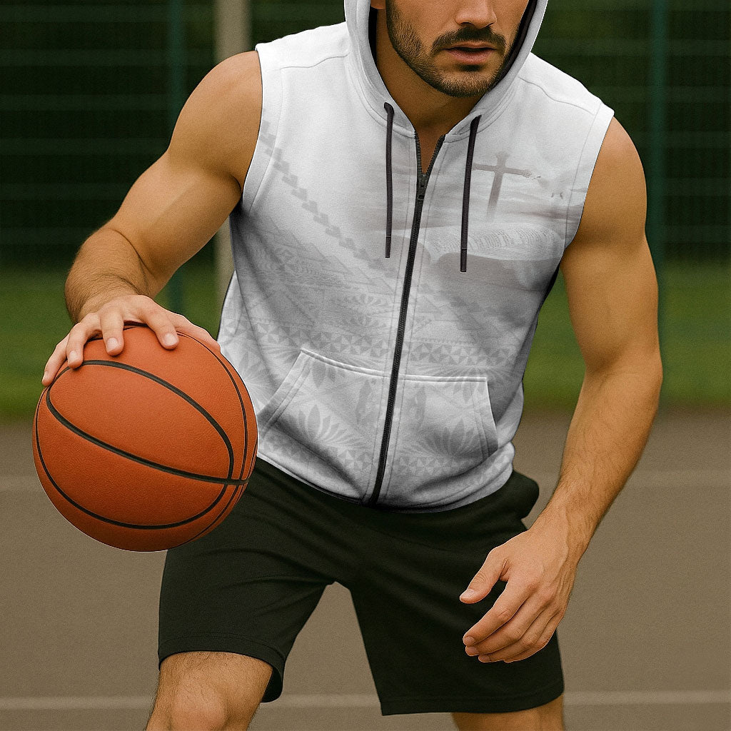 Tonga White Sunday Fakame Sleeveless Zip Hoodie Tokelaufeletoa Kupesi LT7 - Polynesian Pride