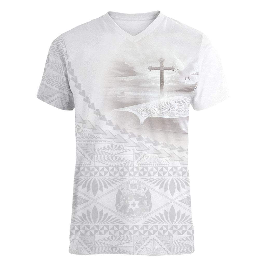 Tonga White Sunday Fakame Women V-Neck T-Shirt Tokelaufeletoa Kupesi LT7 Female White - Polynesian Pride