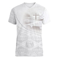 Tonga White Sunday Fakame Women V-Neck T-Shirt Tokelaufeletoa Kupesi LT7 Female White - Polynesian Pride