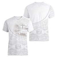 Tonga White Sunday Fakame Women V-Neck T-Shirt Tokelaufeletoa Kupesi LT7 - Polynesian Pride