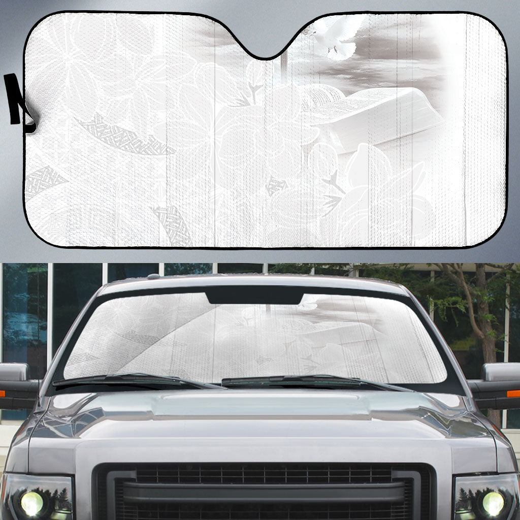 Niue White Sunday Tapu Fanau Auto Sun Shade Fiti Pua Mix Hiapo Tapa LT7 White - Polynesian Pride