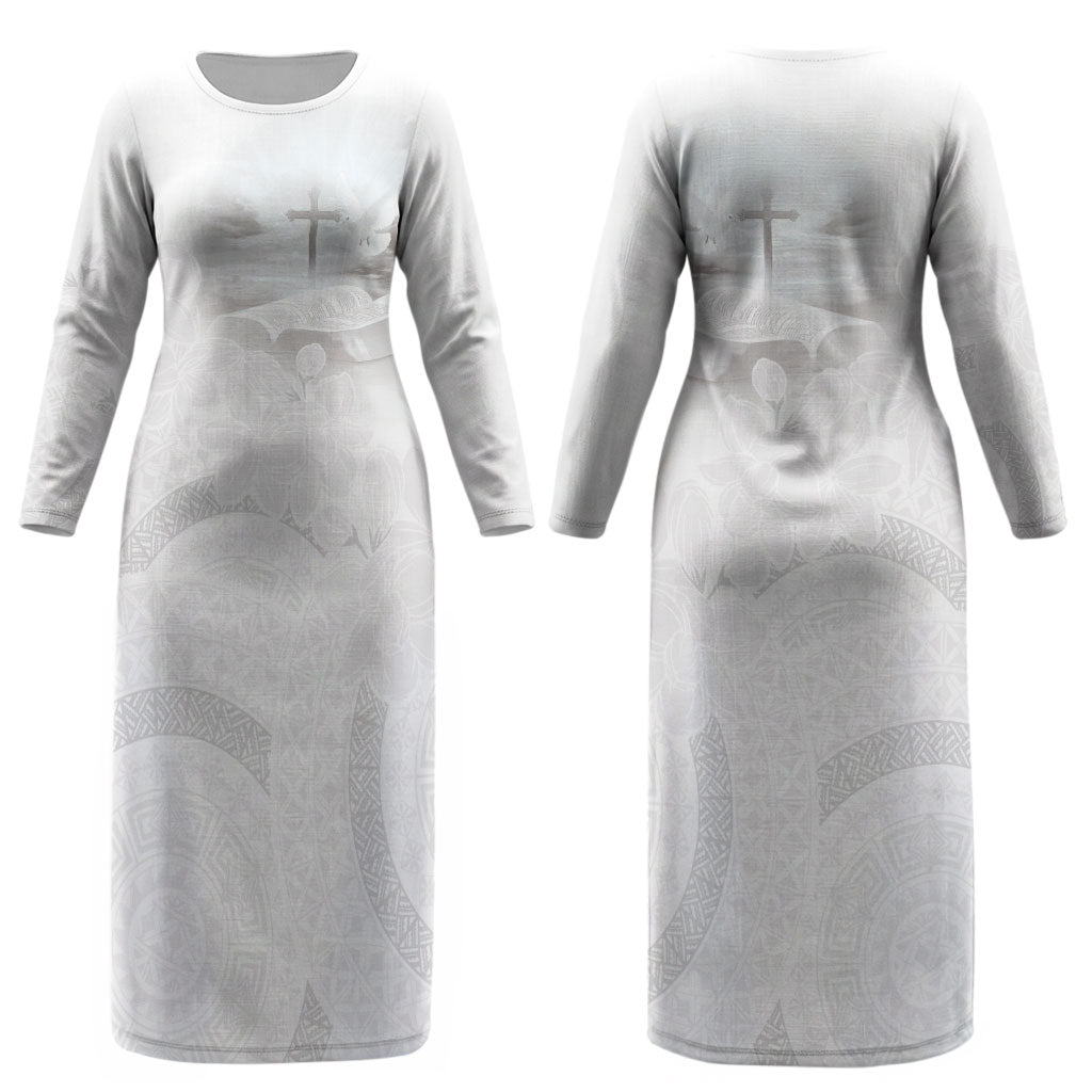 Niue White Sunday Tapu Fanau Couples Matching Long Sleeve Bodycon Dress and Hawaiian Shirt Fiti Pua Mix Hiapo Tapa LT7 - Polynesian Pride