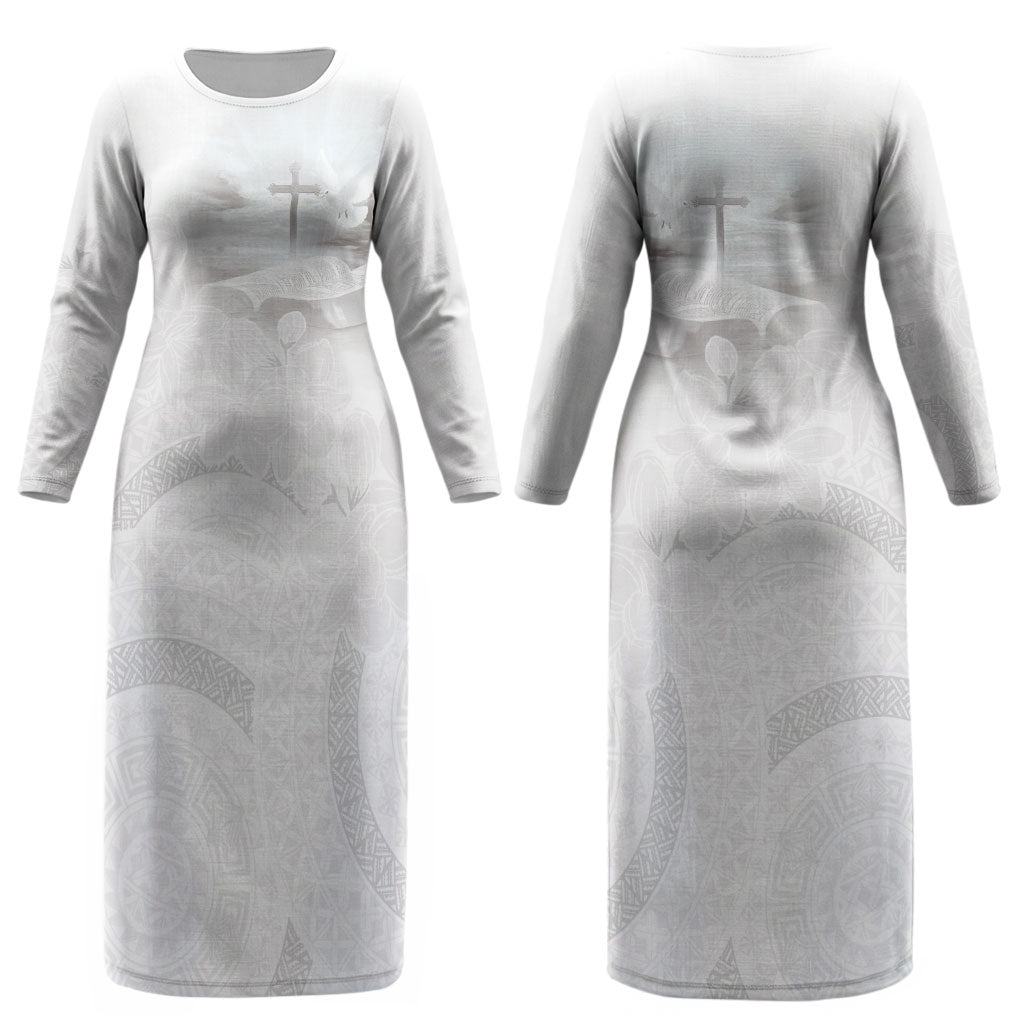 Niue White Sunday Tapu Fanau Couples Matching Long Sleeve Bodycon Dress and Long Sleeve Button Shirt Fiti Pua Mix Hiapo Tapa LT7 - Polynesian Pride