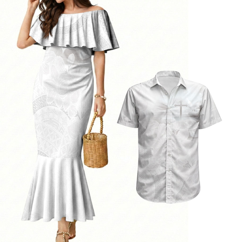 Niue White Sunday Tapu Fanau Couples Matching Mermaid Dress and Hawaiian Shirt Fiti Pua Mix Hiapo Tapa LT7 White - Polynesian Pride