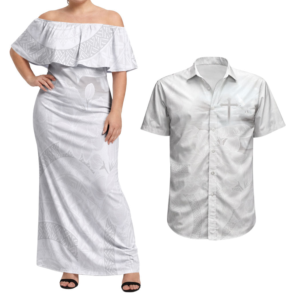 Niue White Sunday Tapu Fanau Couples Matching Off Shoulder Maxi Dress and Hawaiian Shirt Fiti Pua Mix Hiapo Tapa LT7 White - Polynesian Pride