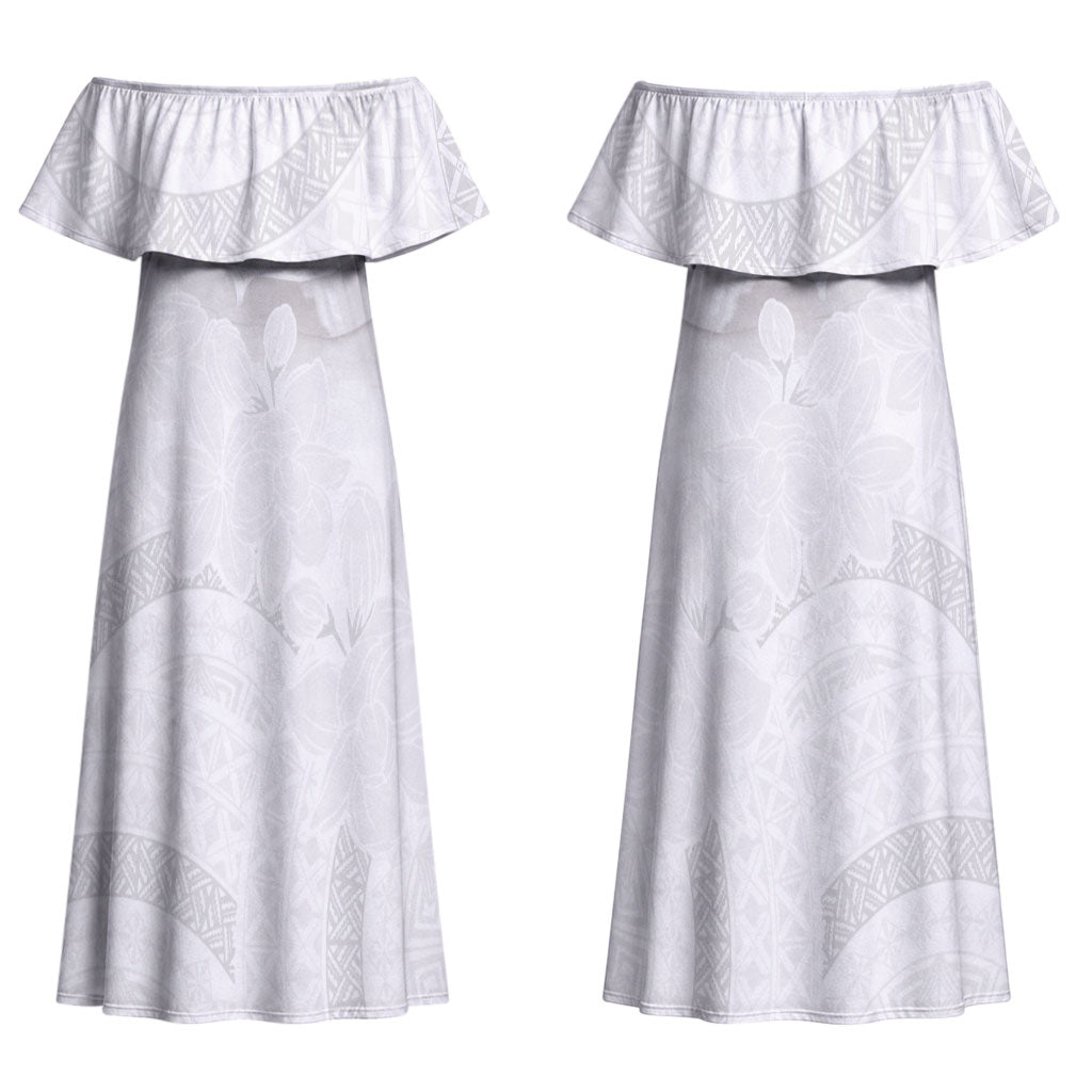 Niue White Sunday Tapu Fanau Couples Matching Off Shoulder Maxi Dress and Hawaiian Shirt Fiti Pua Mix Hiapo Tapa LT7 - Polynesian Pride