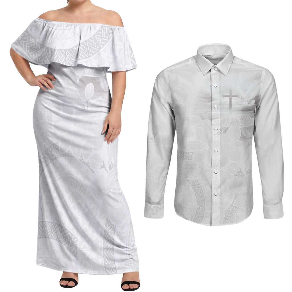 Niue White Sunday Tapu Fanau Couples Matching Off Shoulder Maxi Dress and Long Sleeve Button Shirt Fiti Pua Mix Hiapo Tapa LT7 White - Polynesian Pride
