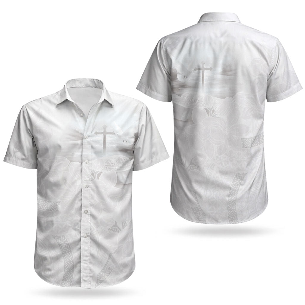 Niue White Sunday Tapu Fanau Couples Matching Off Shoulder Short Dress and Hawaiian Shirt Fiti Pua Mix Hiapo Tapa LT7 - Polynesian Pride