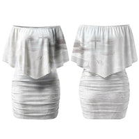 Niue White Sunday Tapu Fanau Couples Matching Off Shoulder Short Dress and Long Sleeve Button Shirt Fiti Pua Mix Hiapo Tapa LT7 - Polynesian Pride