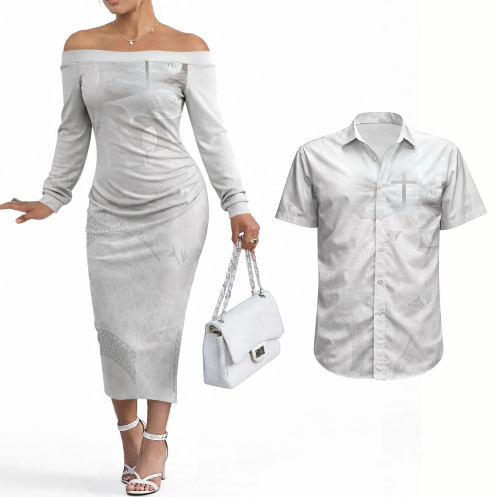 Niue White Sunday Tapu Fanau Couples Matching Off The Shoulder Long Sleeve Dress and Hawaiian Shirt Fiti Pua Mix Hiapo Tapa LT7 White - Polynesian Pride