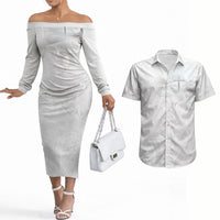 Niue White Sunday Tapu Fanau Couples Matching Off The Shoulder Long Sleeve Dress and Hawaiian Shirt Fiti Pua Mix Hiapo Tapa LT7 White - Polynesian Pride