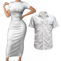 Niue White Sunday Tapu Fanau Couples Matching Short Sleeve Bodycon Dress and Hawaiian Shirt Fiti Pua Mix Hiapo Tapa LT7 White - Polynesian Pride