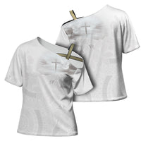 Niue White Sunday Tapu Fanau Cross Shoulder Shirt Fiti Pua Mix Hiapo Tapa LT7 - Polynesian Pride