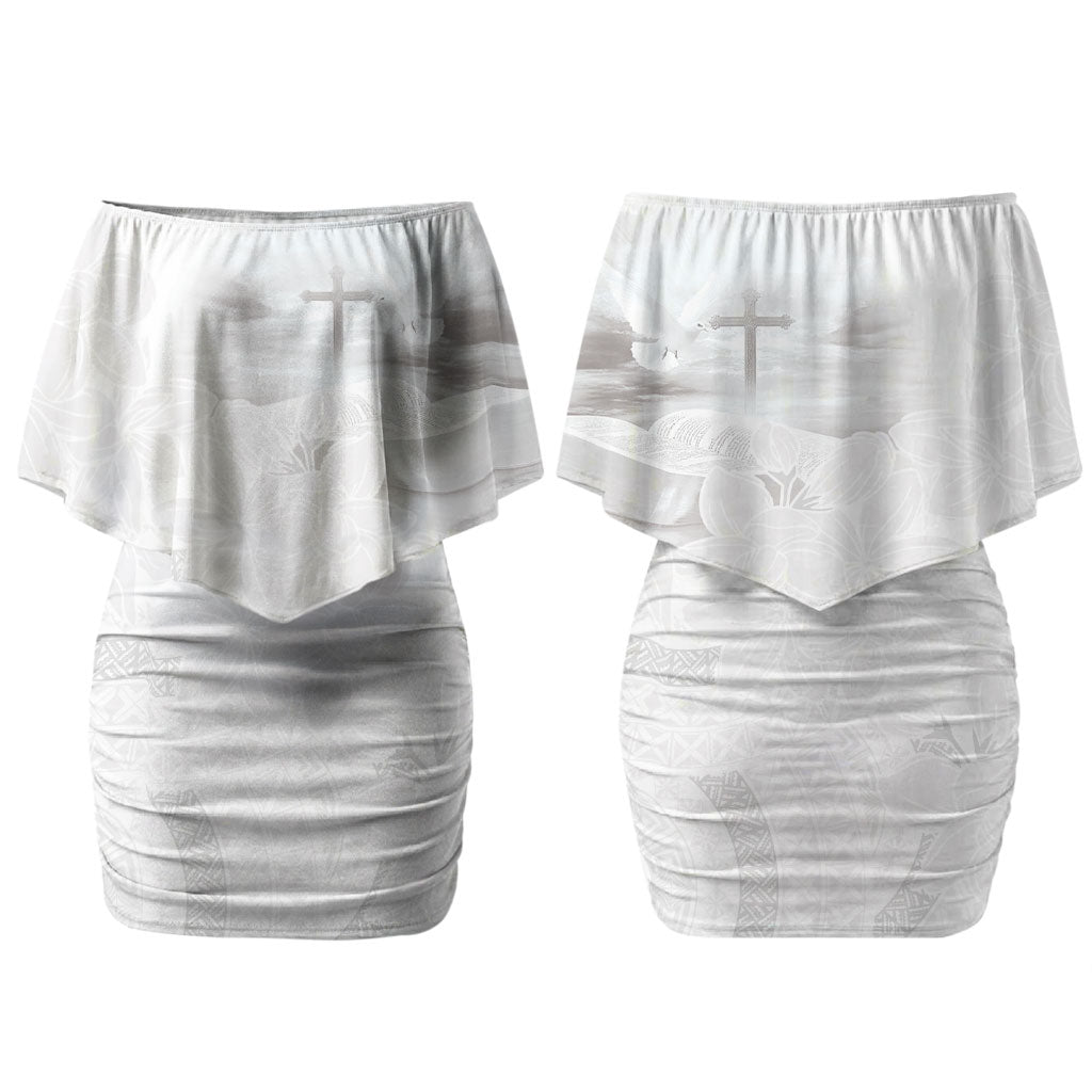 Niue White Sunday Tapu Fanau Family Matching Off Shoulder Short Dress and Hawaiian Shirt Fiti Pua Mix Hiapo Tapa LT7 Mom's Dress White - Polynesian Pride
