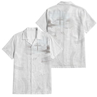 Niue White Sunday Tapu Fanau Family Matching Off Shoulder Short Dress and Hawaiian Shirt Fiti Pua Mix Hiapo Tapa LT7 Dad's Shirt - Short Sleeve White - Polynesian Pride