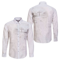 Niue White Sunday Tapu Fanau Family Matching Off Shoulder Short Dress and Hawaiian Shirt Fiti Pua Mix Hiapo Tapa LT7 Dad's Shirt - Long Sleeve White - Polynesian Pride