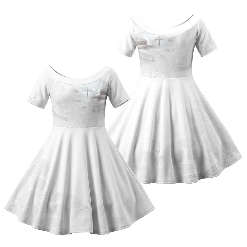 Niue White Sunday Tapu Fanau Family Matching Off Shoulder Short Dress and Hawaiian Shirt Fiti Pua Mix Hiapo Tapa LT7 Daughter's Dress White - Polynesian Pride