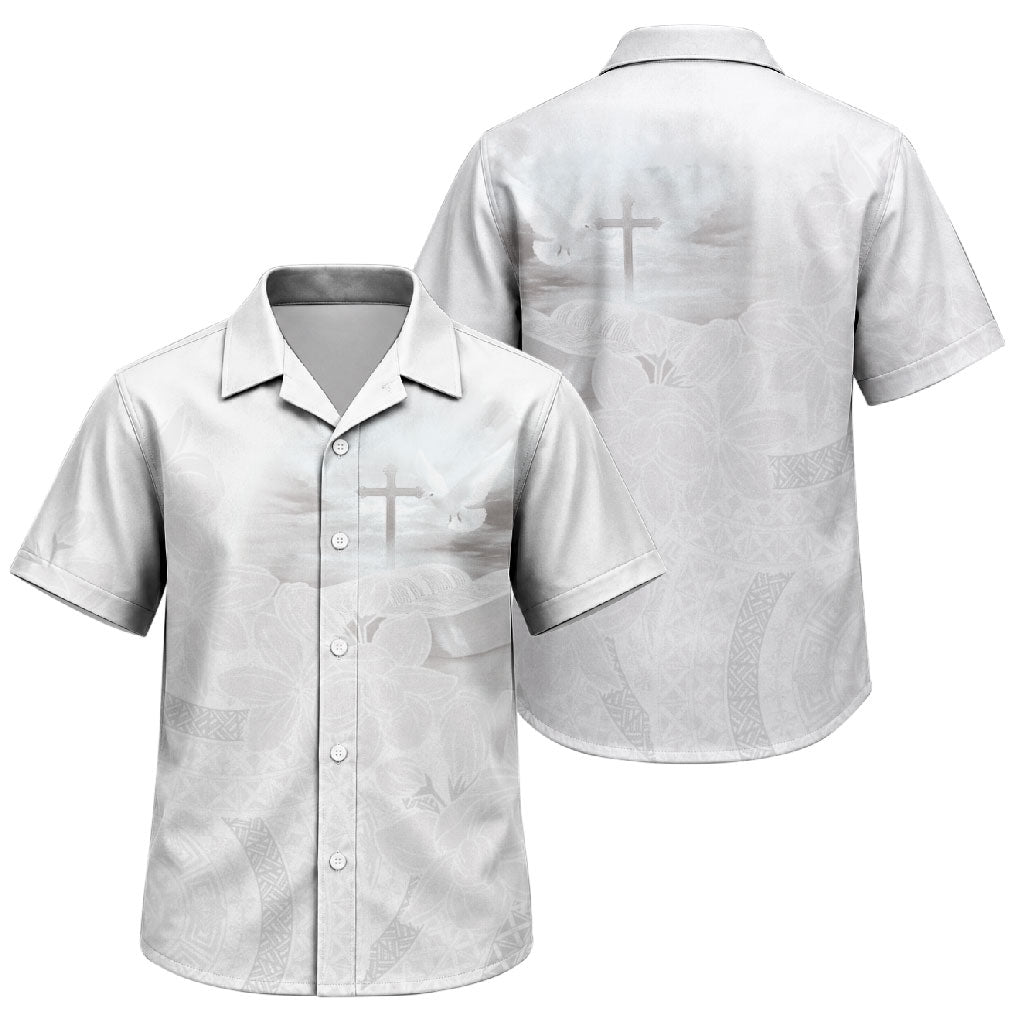 Niue White Sunday Tapu Fanau Family Matching Off Shoulder Short Dress and Hawaiian Shirt Fiti Pua Mix Hiapo Tapa LT7 Son's Shirt White - Polynesian Pride