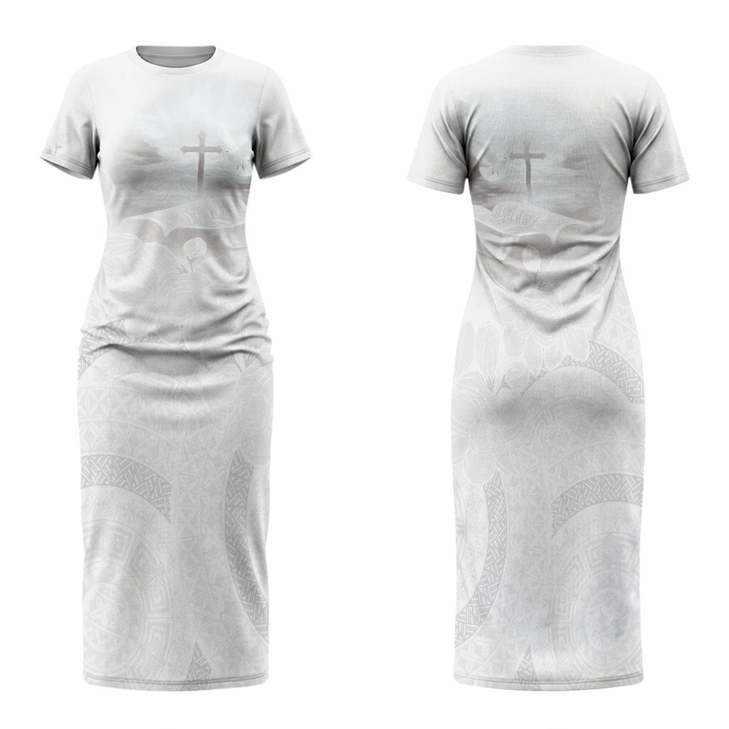 Niue White Sunday Tapu Fanau Family Matching Short Sleeve Bodycon Dress and Hawaiian Shirt Fiti Pua Mix Hiapo Tapa LT7 Mom's Dress White - Polynesian Pride