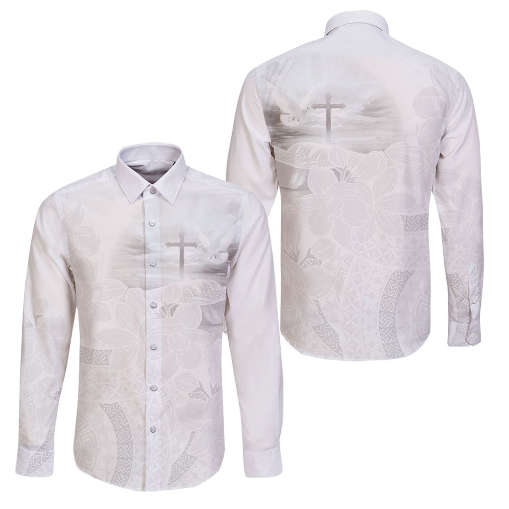 Niue White Sunday Tapu Fanau Family Matching Short Sleeve Bodycon Dress and Hawaiian Shirt Fiti Pua Mix Hiapo Tapa LT7 Dad's Shirt - Long Sleeve White - Polynesian Pride
