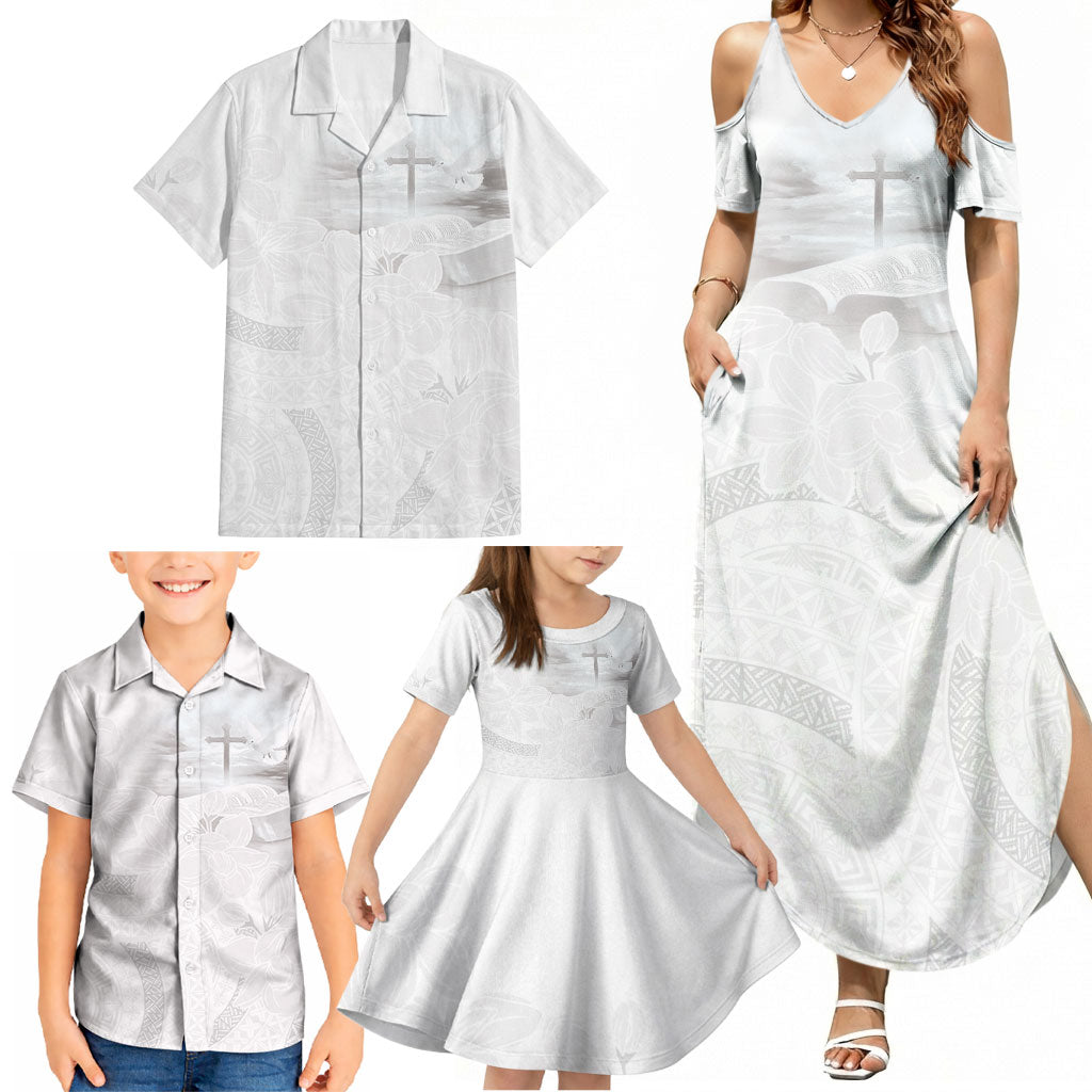 Niue White Sunday Tapu Fanau Family Matching Summer Maxi Dress and Hawaiian Shirt Fiti Pua Mix Hiapo Tapa LT7 - Polynesian Pride