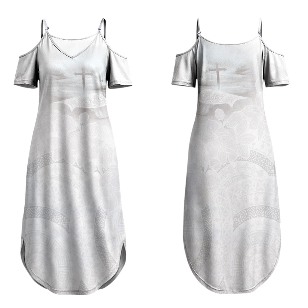 Niue White Sunday Tapu Fanau Family Matching Summer Maxi Dress and Hawaiian Shirt Fiti Pua Mix Hiapo Tapa LT7 Mom's Dress White - Polynesian Pride