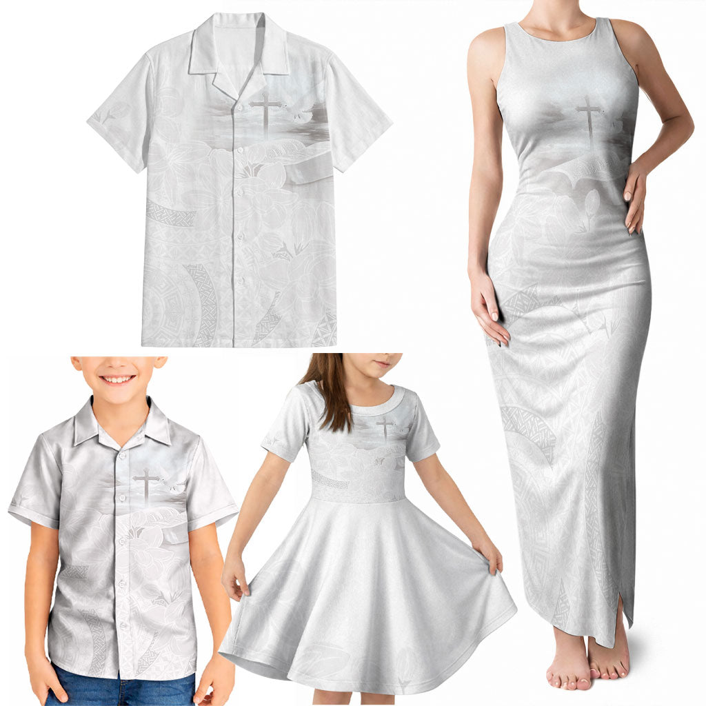 Niue White Sunday Tapu Fanau Family Matching Tank Maxi Dress and Hawaiian Shirt Fiti Pua Mix Hiapo Tapa LT7 - Polynesian Pride