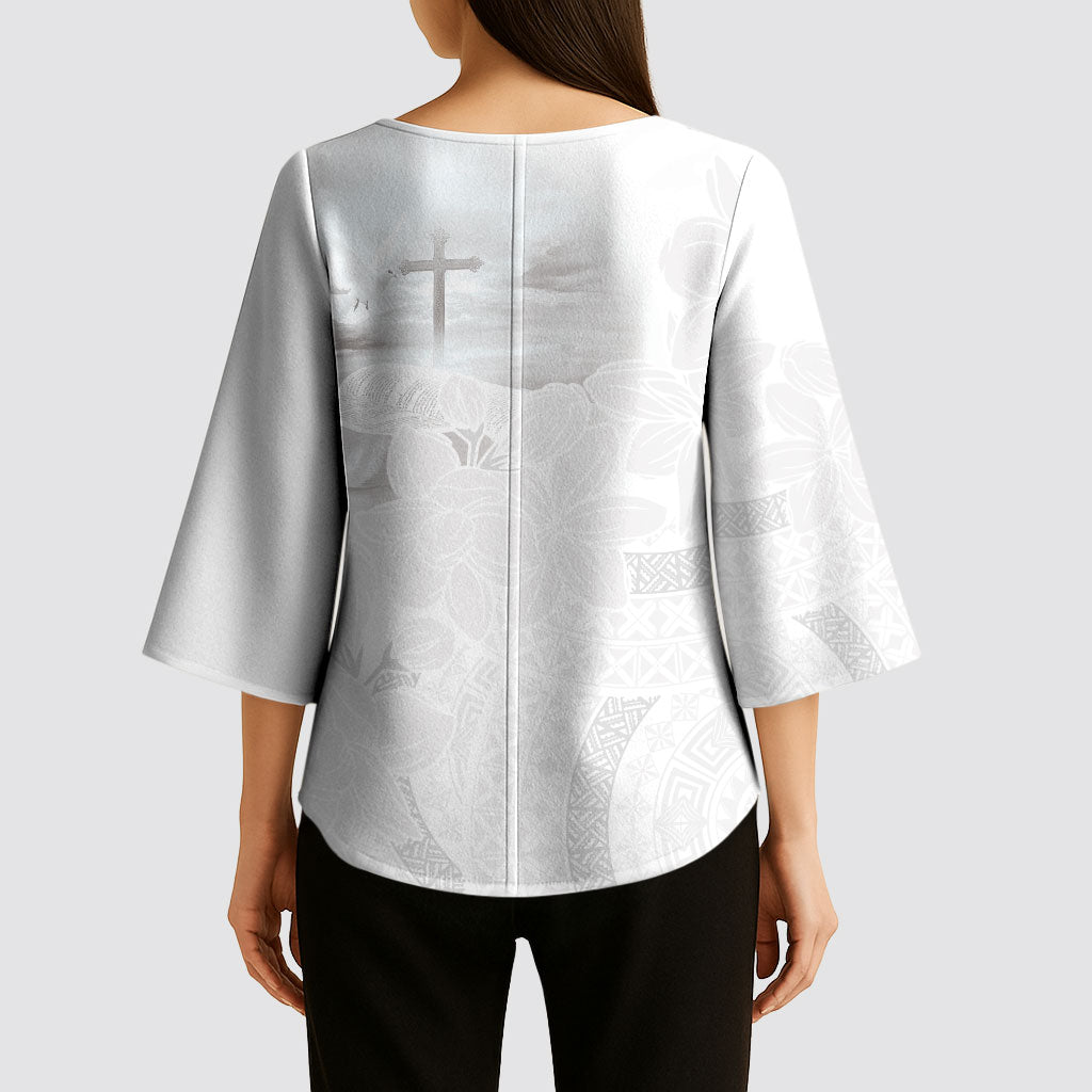 Niue White Sunday Tapu Fanau Kimono Sleeve Blouse Fiti Pua Mix Hiapo Tapa LT7 - Polynesian Pride