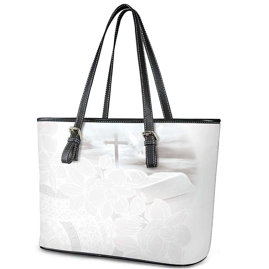 Niue White Sunday Tapu Fanau Leather Tote Bag Fiti Pua Mix Hiapo Tapa LT7 - Polynesian Pride