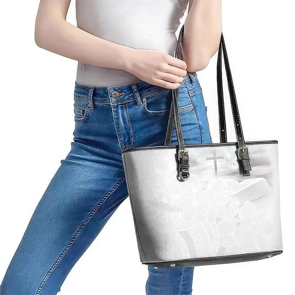 Niue White Sunday Tapu Fanau Leather Tote Bag Fiti Pua Mix Hiapo Tapa LT7 - Polynesian Pride