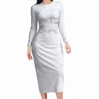 Niue White Sunday Tapu Fanau Long Sleeve Bodycon Dress Fiti Pua Mix Hiapo Tapa LT7 Long Dress White - Polynesian Pride