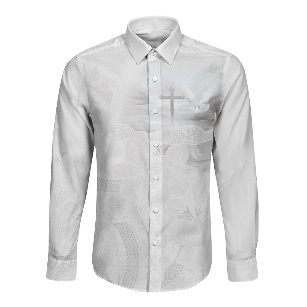 Niue White Sunday Tapu Fanau Long Sleeve Button Shirt Fiti Pua Mix Hiapo Tapa LT7 Unisex White - Polynesian Pride