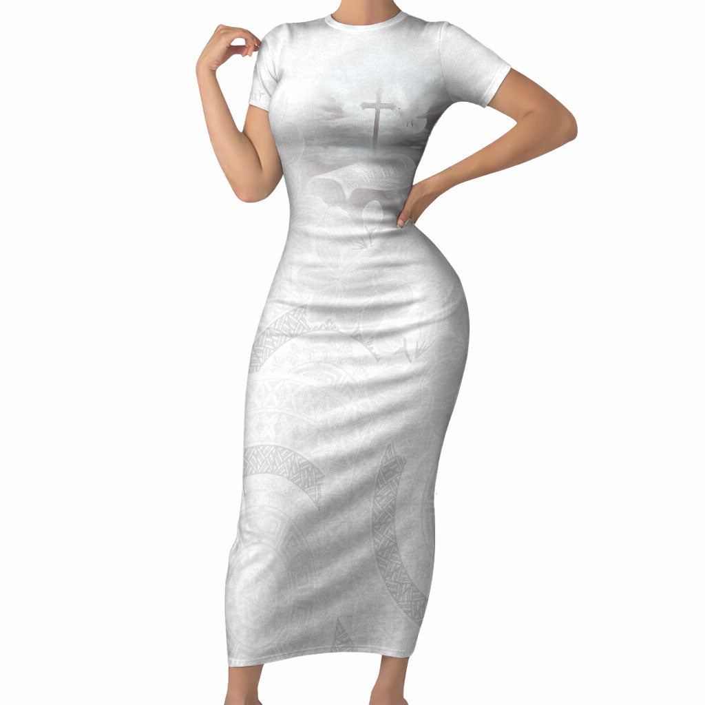 Niue White Sunday Tapu Fanau Short Sleeve Bodycon Dress Fiti Pua Mix Hiapo Tapa LT7 Long Dress White - Polynesian Pride