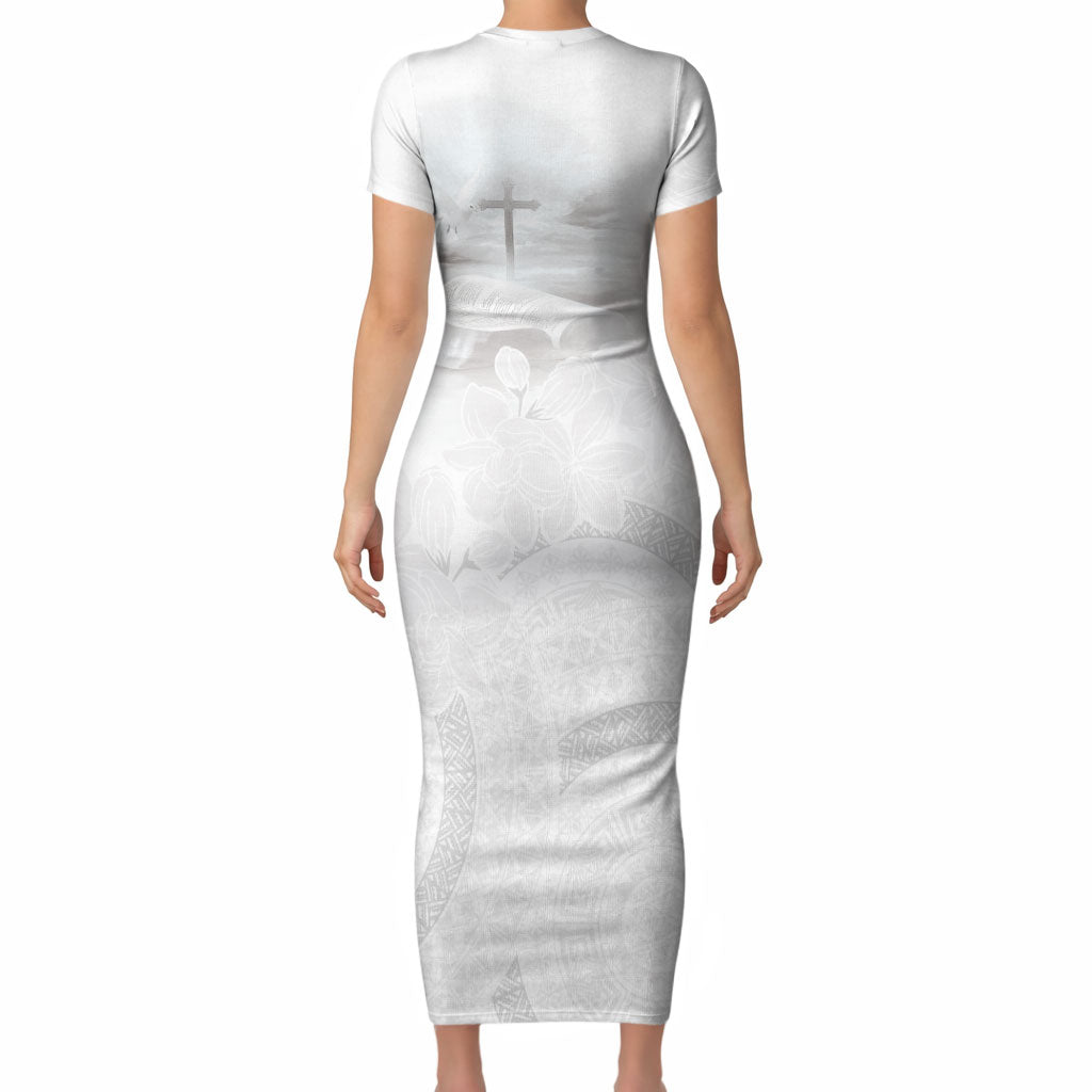 Niue White Sunday Tapu Fanau Short Sleeve Bodycon Dress Fiti Pua Mix Hiapo Tapa LT7 - Polynesian Pride