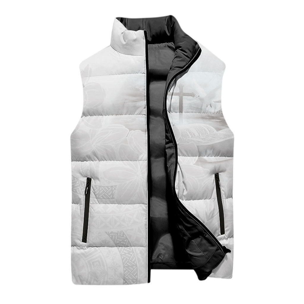 Niue White Sunday Tapu Fanau Sleeveless Puffer Jacket Fiti Pua Mix Hiapo Tapa LT7 - Polynesian Pride