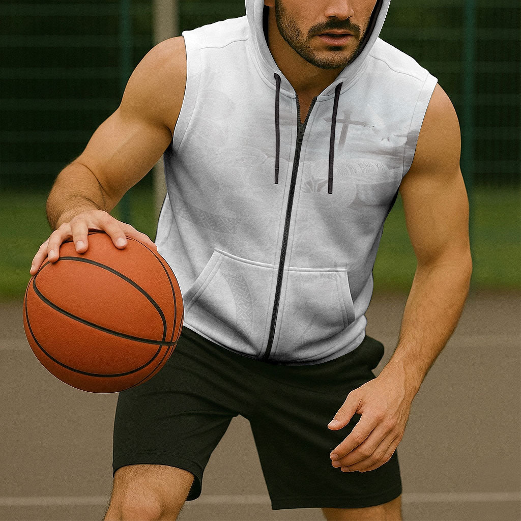 Niue White Sunday Tapu Fanau Sleeveless Zip Hoodie Fiti Pua Mix Hiapo Tapa LT7 - Polynesian Pride